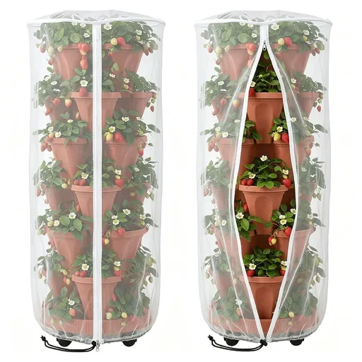 2 Pcs Vertical Plant Pot Insect Netting with Zipper,59"X22" Stackable Planter Garden Net Cover,6 to 7 Tier Planter Pot Insect Bird Barrier Protection Mesh for Strawberry Herb Flower Fruit