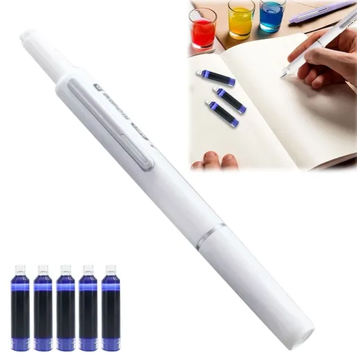 White Barrel Fountain Pen Set with 5 Refillable Ink Cartridges - 0.38mm Medium Nib, Medium Nib Transparent Barrel for Smooth Writing No Leaking InkBlack 90ml