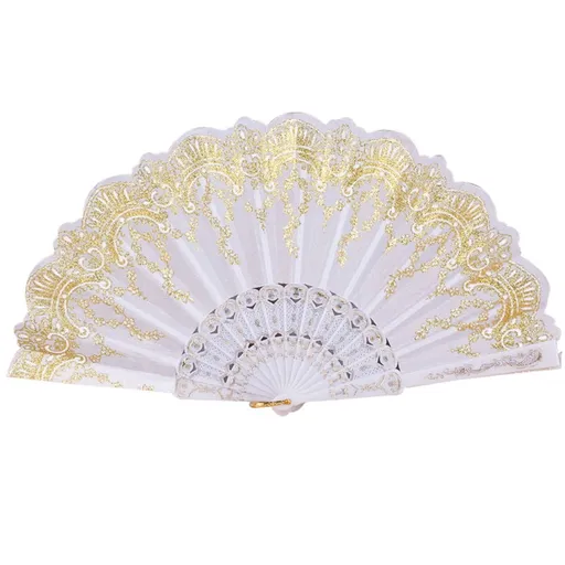 Folding Fan , Chinese Style Dance Wedding Party Lace Silk Folding Hand Held Flower Fan White White