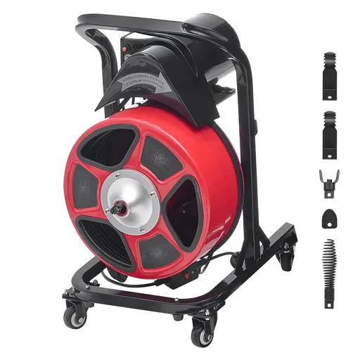 Drain Cleaner Machine 15m x 13mm, Manual Feed Sewer Snake Auger on Wheels - with 4 Cutters & Air-activated Foot Switch for 50mm to 150mm Pipes