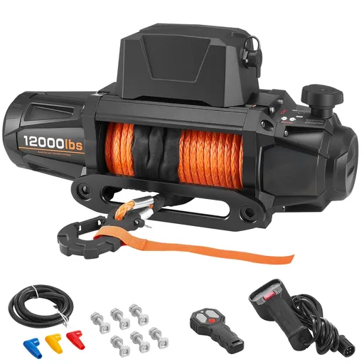 Electric Winch, 5400 kg Load Capacity, 12V DC Truck Winch with Φ9.5 mm x 28 m Synthetic Rope, Wireless & Wired Remote Control, IP67 Waterproof for Towing Off-Road SUV Jeep Trailer Boat
