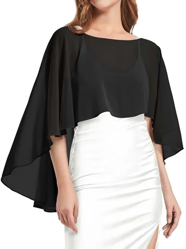 Chiffon Sheer Shawl Wraps Women's Girls Shrug for Evening Dress Wedding Cape Cover Up External sunscreen and skin covering(black）