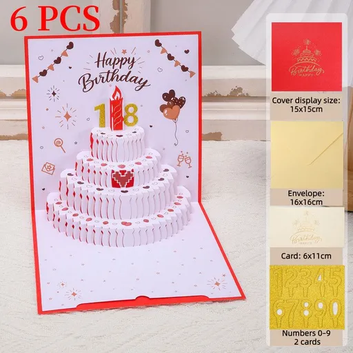 6-Pack - DIY Heart-Shaped Cake 3D Pop-Up Birthday Cards, Two-Color Papercut Foldable Greeting Cards - Red