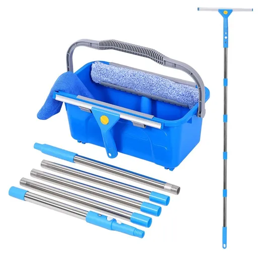 Professional Window Cleaning Kit with Bucket 3 Gallon, 76" Long Handle Squeegee and Microfiber Scrubber, High Window Washing Equipment for Indoor Outdoor, Commercial, Home, Car