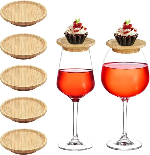 5 Pcs Bamboo Wine Glass Covers, Reusable Bamboo Lids for Wine Glasses and Snacks, Round Drink Covers for Drinks, Buffet and Party Table