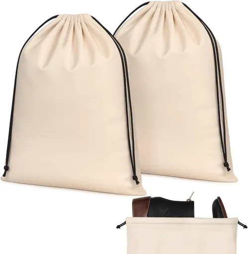 2 Pcs Silky Velvet Shoe Bags for Travel Cloth Dust Pouch with Drawstring Closure Beige Storage Packing Organizers