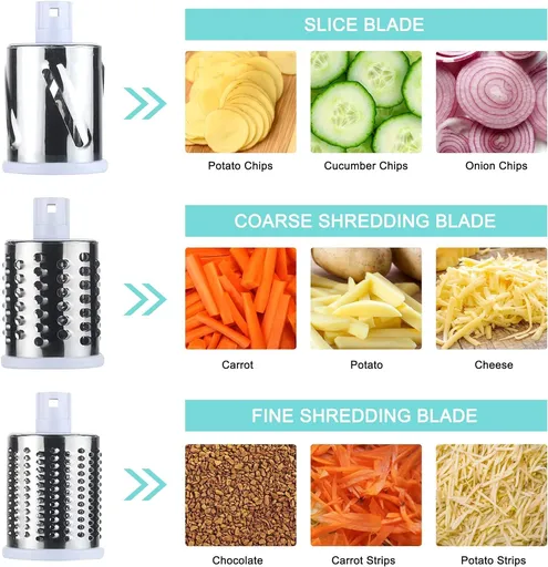 3rd Generation Rotary Cheese Grater, Vegetable Slicer with 3 Replacement Blades, Easy to Clean Rotary Shredder for Fruit