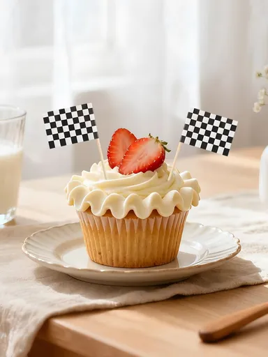 2PCS Checkered Flags on Sticks, Cupcake Toppers, Racing Flag Style, Black and White Party Decorations Picks, Mini Cake Topper for Birthday, Race Car Theme Party