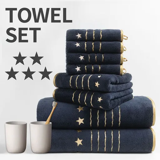 8-Piece Navy Blue Luxury Coral Fleece Bath Towel Set - Gold Star Embroidery Ultra Absorbent Soft Plush Towels for Hotel Spa & Bathroom