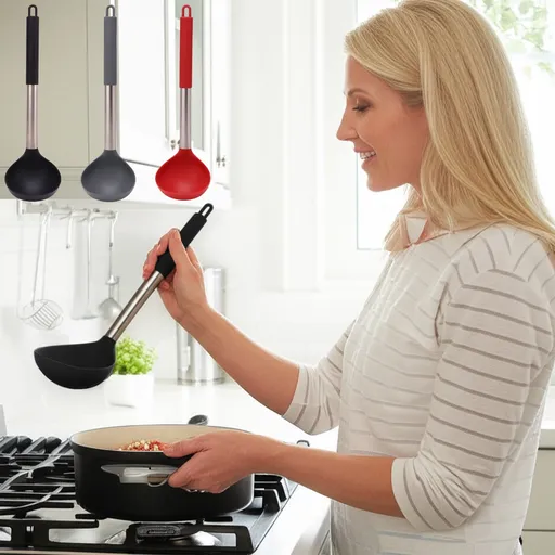 Kitchen Soup Ladle, Heat Resistant Silicone Ladle Lightweight Non Stick Kitchen Tools Spoons for Cooking, Stirring, Serving Soups(Red, 12") Black