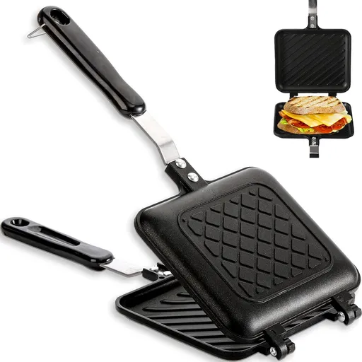Double-Sided Sandwich Toastie Maker, Non-Stick Camping Grill Pan for Toasted Sandwiches, Paninis and Breakfast, Black