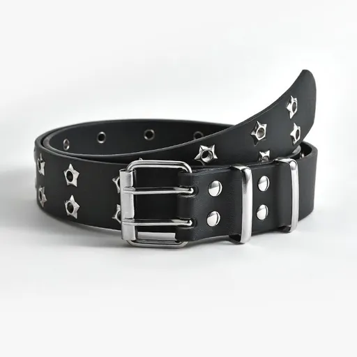 Punk Star Studded Waist Belt, Double Prong Eyelet Leather Belt for Jeans Goth Streetwear Outfit- black