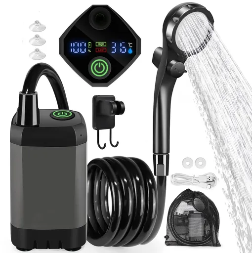 Portable Shower Pump with Rechargeable 6000mAh Battery - Outdoor Shower IPX7 Waterproof - With Temperature Display - Suitable for Camping, Car Washing and Pet Washing (Gray)
