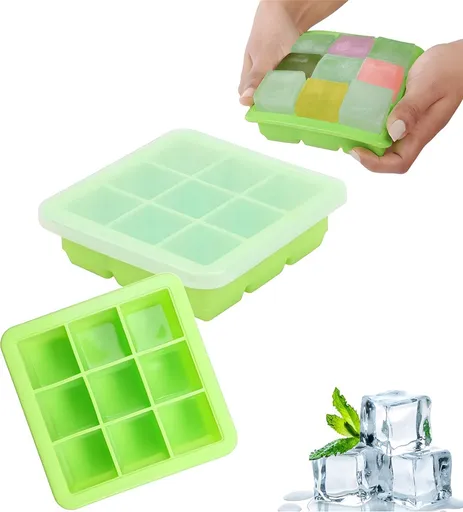 2x Ice Cube Tray With Lid - Silicone Ice Cube Tray - BPA Free - 2 x 9 Cells - 3.5cm Ice Cubes - Dishwasher Safe - Ice Cube Tray - Ice Cube Tray - Square - Green - Reusable - Easy to Push Out