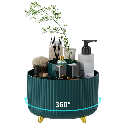 Green 360-Degree Rotating Cosmetic Organizer – 1 Plastic Makeup Storage Box with 5 Compartments – Multi-Purpose Holder for Brushes, Lipsticks, Skincare Products, and Stationery – Durable Odor-Free Desktop Storage Container with Luxurious Stripe Desig