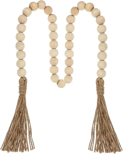 34in Farmhouse Wood Beads Garland with Tassels, Decorative Bead Home Decor Wooden Beads Garland Country Room Hanging for Wood Entryway Table, Shelf, Tray, Curtain Decor (Beige)