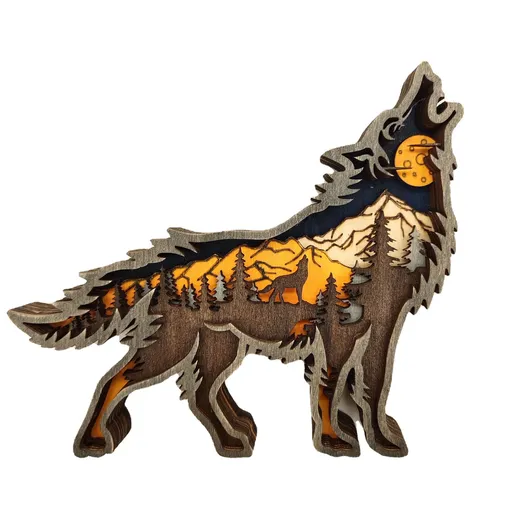 Wooden Wolf Decor with Light, Forest Animals Table Decor， Rustic Decor Wall Decorations for Bedroom Living Room Table Decorative
