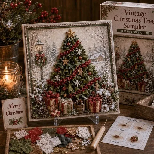 Christmas Tree 3D Fabric Poke Art Kit - 20 x 20cm No Sew DIY Craft Set with Pre Cut Fabric and Poking Tool, Christmas Handmade Decor and Gift Activity