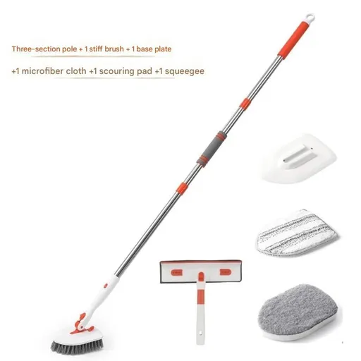 6-piece(Three-section pole+stiff brush+base plate+microfiber cloth + scouring pad+ squeegee) Long Handle Bathroom Floor Scrub Brush - 180° Rotating Angle, Stainless Steel Pole, Corner Cleaning Design for Tiles, Grout, Bathtub, Shower - Heavy Duty Cl