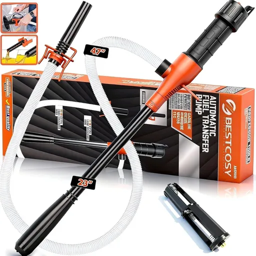 Battery-Powered Liquid Transfer Pump with 47-Inch Reinforced Hose, One-Click Switch, Hanging Hook, Dual Battery Compatibility (AA or D), for Water, Diesel, and Light Oils – Portable Design (Orange)