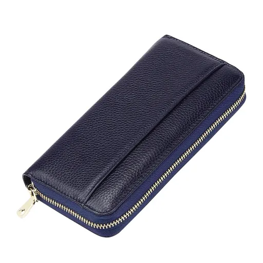 Dark Blue Premium Genuine Leather RFID Blocking Long Wallet - Unisex Multi-Card Organizer Clutch with Zip-Around Closure