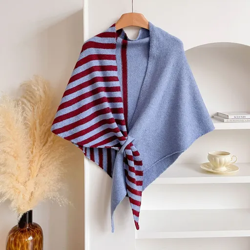 Blue and Red Color blocking Striped Women's Triangle Shawl Cape - Soft Knit Faux Cashmere Poncho Wrap, Lightweight Warm Pullover for Office Travel & Daily Wear