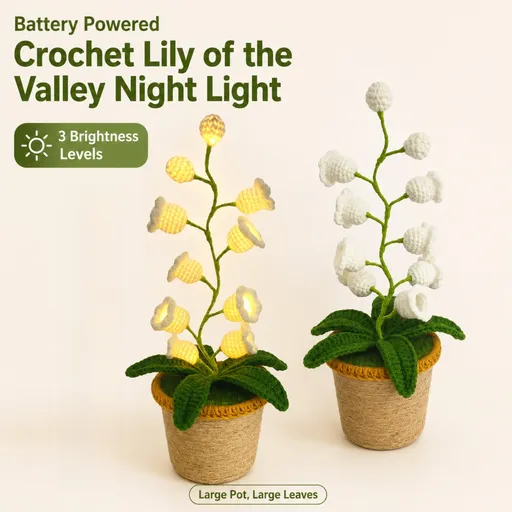 White Crochet Single Lily of the Valley Night Light - Handmade Cotton Yarn LED Potted Flower Warm Lamp, 3 Brightness Adjustment, Battery Operated Desk Decor & Creative Christmas Gift