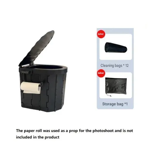 Black Portable Folding Car Toilet -With toilet paper holder Heavy Duty ABS Collapsible Camping Potty with Lid, Washable Emergency Travel Commode for Road Trips, Outdoor & Home Use