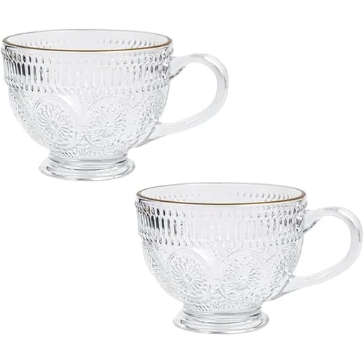 Set of 2 Vintage Glass Coffee Mug, 400ml Embossed Tea Cup Vintage Glassware for Breakfast, Ideal for Milk, Coffee, Cappuccino, Latte, Cereal, Yogurt