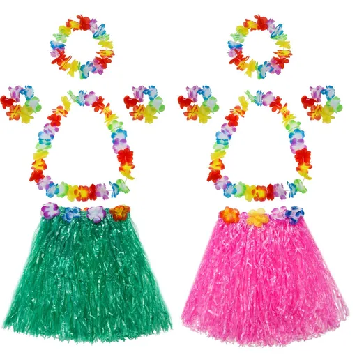 Elastic Hawaiian Hula Grass Skirt with Flower Costume Set for Party Beach Dance Fancy Dress, Multicolor, 2 Sets
