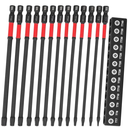13Pcs Tamper Proof Bit Set Impact Bits 6' Long TT7-TT40 1/4' Hex Shank S2 Alloy Steel Made Multiple Sizes High Strength for Mechanical Repair