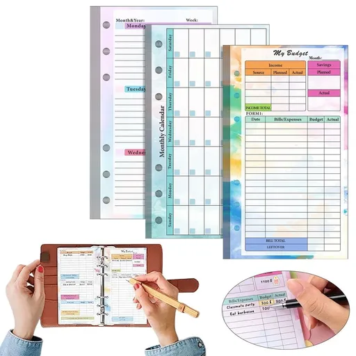 3 Pack A6 Refill Paper & Budget Sheets, 82 Sheets, Monthly Weekly Planner Inserts 6 Hole Expense Tracker or A6 Planner Binder Cover Budget Bill Saving Organizer, Colorful