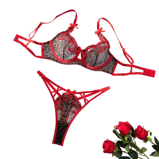 House Of Dasein Sexy Leopard Print Red Embroidered Cherry Thin Push-Up Bow Bra Women's Two-Piece Set - Red - L