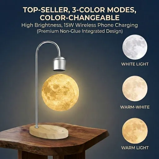 Levitating Moon Lamp with 15W Wireless Charger – 3D Printed Realistic Lunar Texture, 3 Color Modes, Magnetic Floating Globe Desk Light for Bedroom, Office, and Gift Giving (Silver, Top‑Seller, 3‑Color Modes, Color‑Changeable, High Brightness, 15W Wir