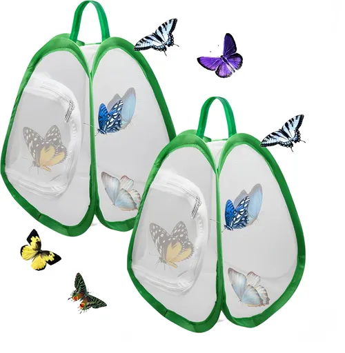 2 Pack Mini Butterfly Habitat Cage- 23 x 25.5 x 21CM, Butterfly Net, Collapsible Insect Mesh Cage- Portable Butterfly Net Habitat with Zipper for Transporting and Raising