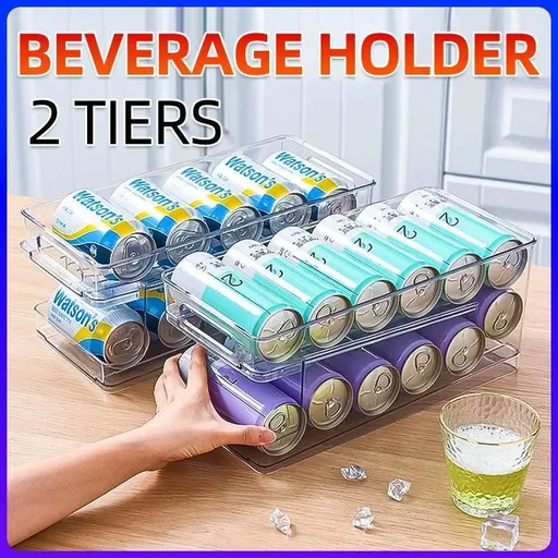 2-Tiers Rolling Refrigerator Organizer Bins Soda Can Box Holder Home Kitchen