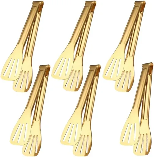 6 Pack Serving Tongs Kitchen Tong, 7 Inch Gold Buffet Tongs, Stainless Steel Food Tong Small Tong, Serving Tong for Buffet, Party, Salad, Appetizers