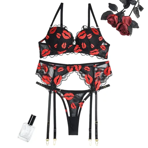 House Of Dasein Red Lips Embroidery Gathered Molded Cup Sexy Three Piece Set - S - Lip Embroidery