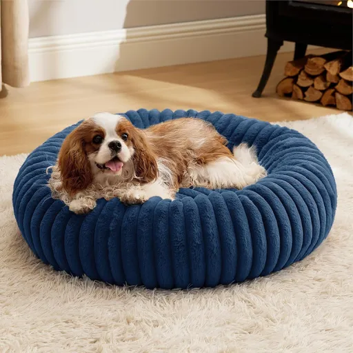 Calming Donut Pet Bed - Faux Rabbit Fur Soft Warm Round Cat Dog Bed - Plush Cozy Cuddler for Small Dogs Cats - Blue M 70cm