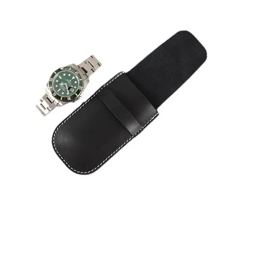 Leather Watch Pouches Portable Single Watch Travel Case Travel Bag For Travelling Business Trip (Black）