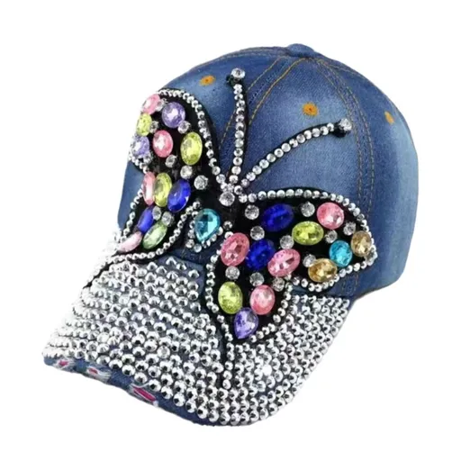 Women's Full Crystal Colorful Cap Denim Shiny Diamond Buckle Back Summer Hats Butterfly Design Bling Womens Baseball Caps （2pcs）