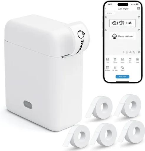 Thermal Label Printer With Bluetooth App, Inkless Mini Label Maker And 5 Paper Rolls, White, 20 x 14 cm