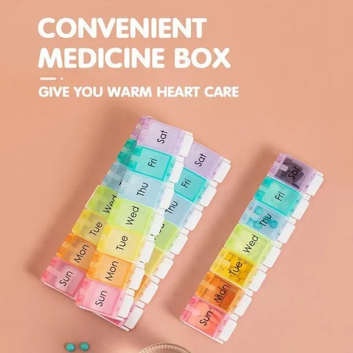 7 Day Weekly Pill Organizer Box with Push Button Rainbow Compartments Travel Case