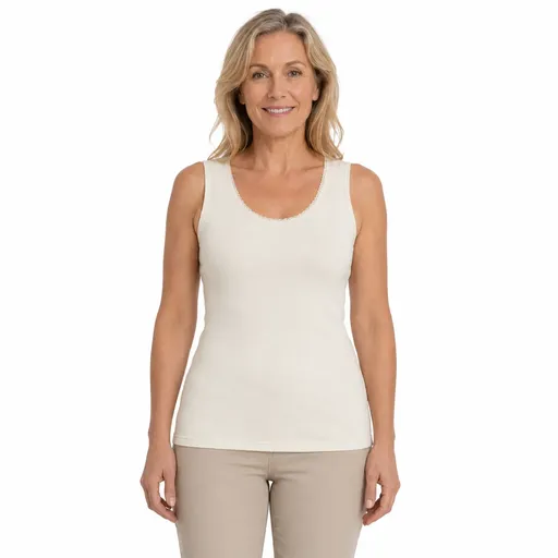 Thermo Fleece Womens Merino Wool Blend Thermals Scoop Neck Tank Top w/ Lace- Natural