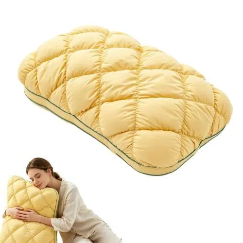 Mellow Sleep Pillow Puff, Pineapple Bun Fluffy Quilted Bed Pillow for Hot Sleepers, Cooling Marshmallow-Soft Sleeping Cushion, Comfy College Dorm Essentials and Cute Room Decor - Yellow - Size 74cm*48cm
