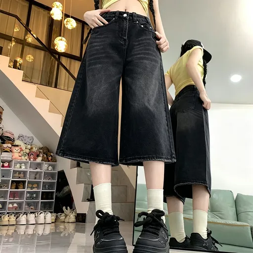 Women's Plus Size High Waist Straight Cropped Jeans Loose Casual Wide Leg Denim Dark Grey 2XL Recommended Christmas Holiday Gift