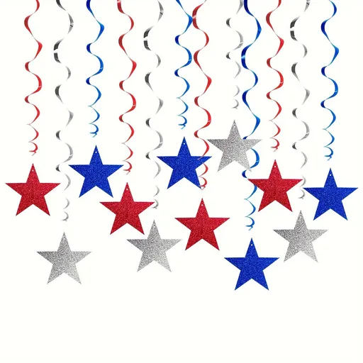 12pcs American Flag Star Garland, Patriotic Red White Blue Spiral Hanging Decorations for Independence Day, Memorial Day, Veterans Day, Home Party, 12pcs/Set