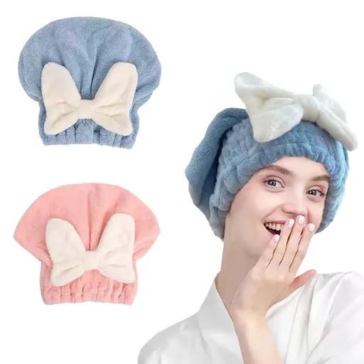 Microfiber Hair Towel Wrap for Women, 2Pcs Bow Tie Hair Towel Cap.Soft Absorbent Hair Towel Wrap for Drying Curly, (Blue & Pink)