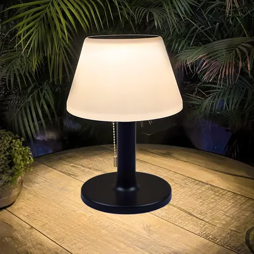 Solar Table Lamp for Outdoor & Indoor - 3 Light Modes, Eye-Friendly, Cordless & Waterproof Solar LED Desk Lamp with Pull Cord for Outdoor, Patio, Garden, Bedroom, Living Room (Modern Black Decor)