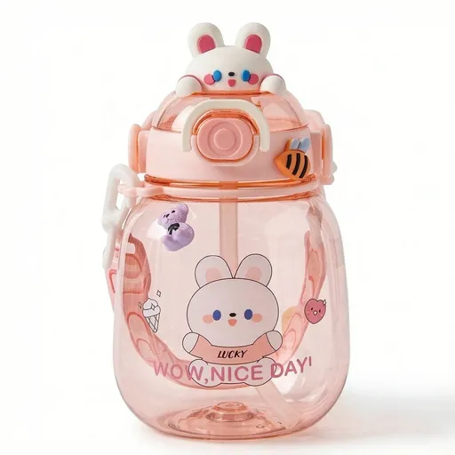 Water Bottle with Straw and Shoulder Strap for Juice Milk Cartoon Water Bottles with Cute Stickers Large Bottle (Pink Rabbit)